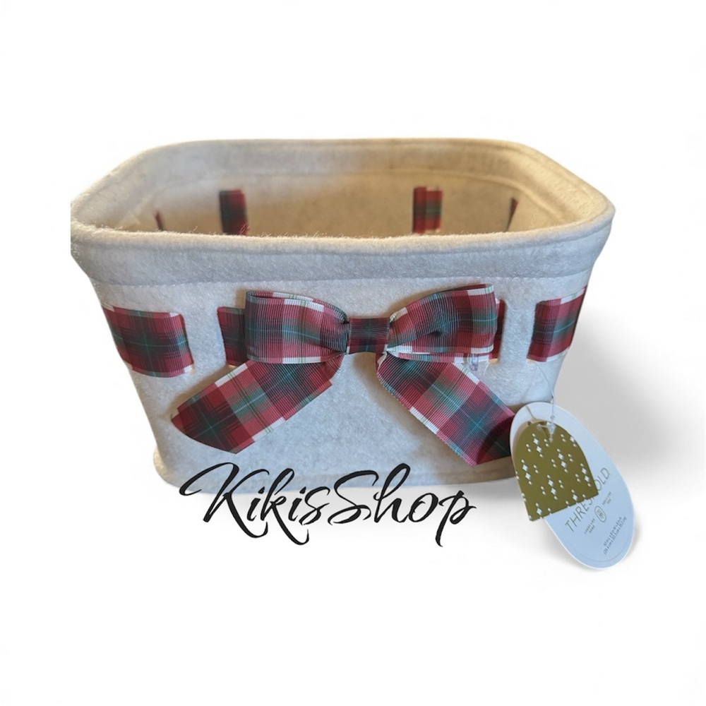 Plaid Basket Felt Ivory with Stripe Red Bow - Threshold™